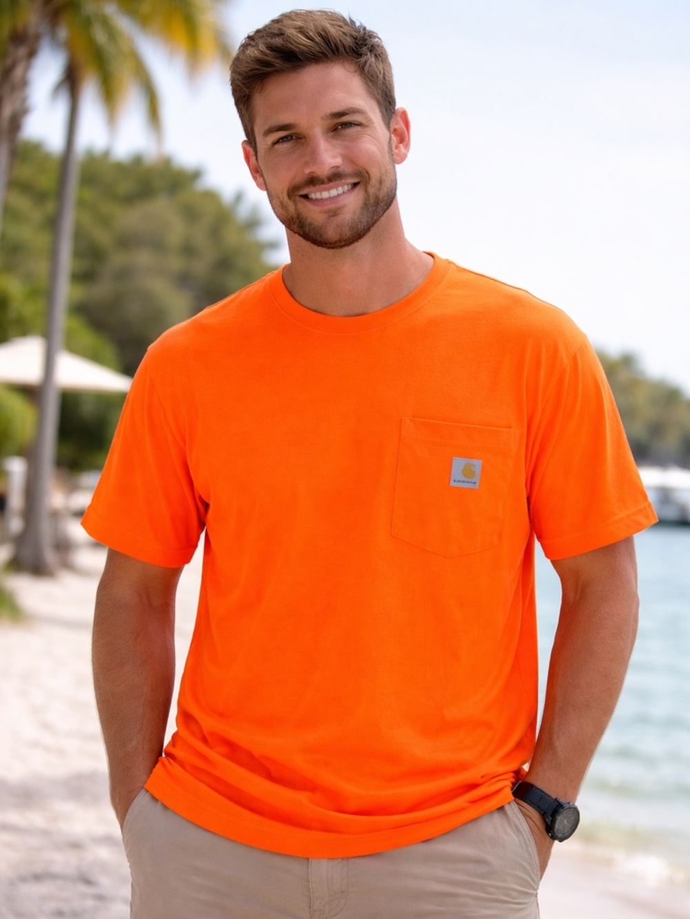 Carhartt Work T-Shirt Men's Large Bright Orange Force Pocket Relaxed Fit